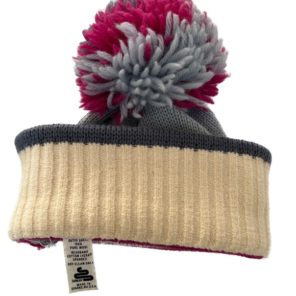 Smiley Hat Pom Pom Ski Beanie Gray Pink Purple 100% Wool Made in USA Toque - Picture 6 of 7